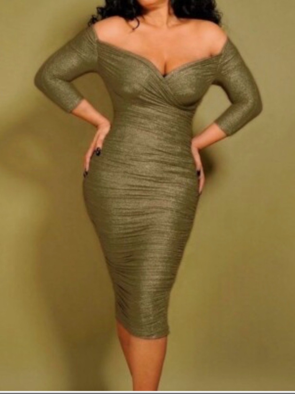 Laura Byrnes/PUG Monica Gold Ruched Wrap-Front Evening Dress